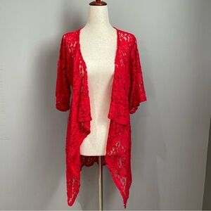 LuLaRoe Lace Shrug Kimono Size S Red Waterfall Cardigan Swimsuit Coverup Topper
